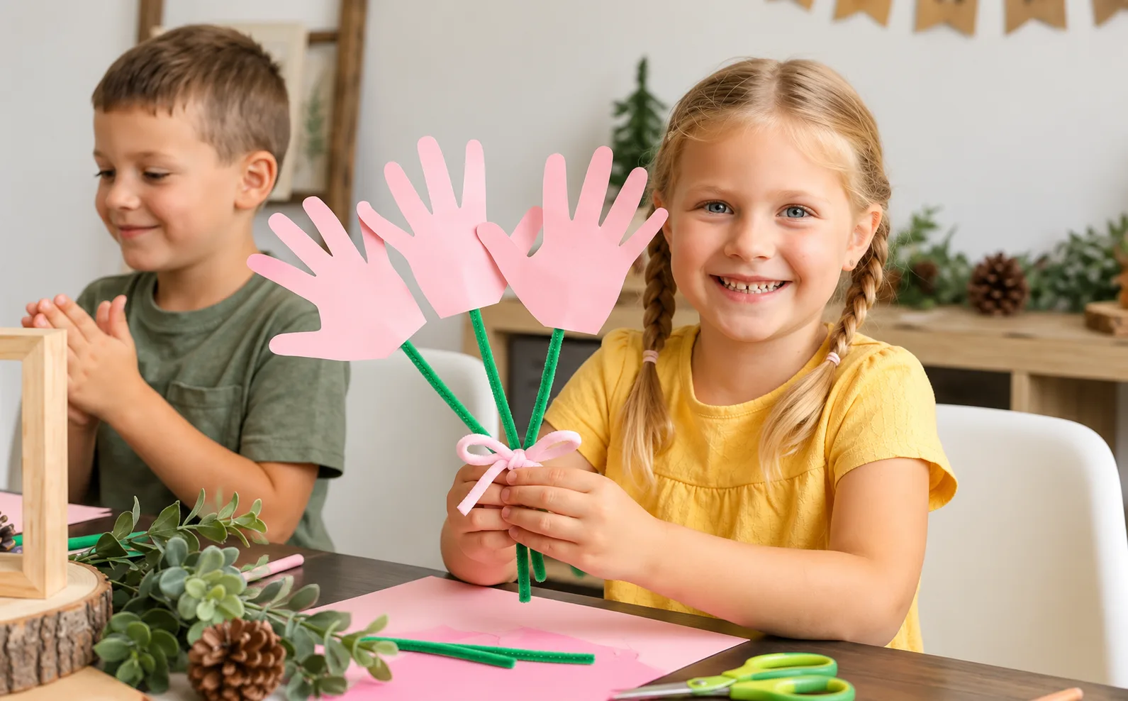 Handprint flowers on cream paper