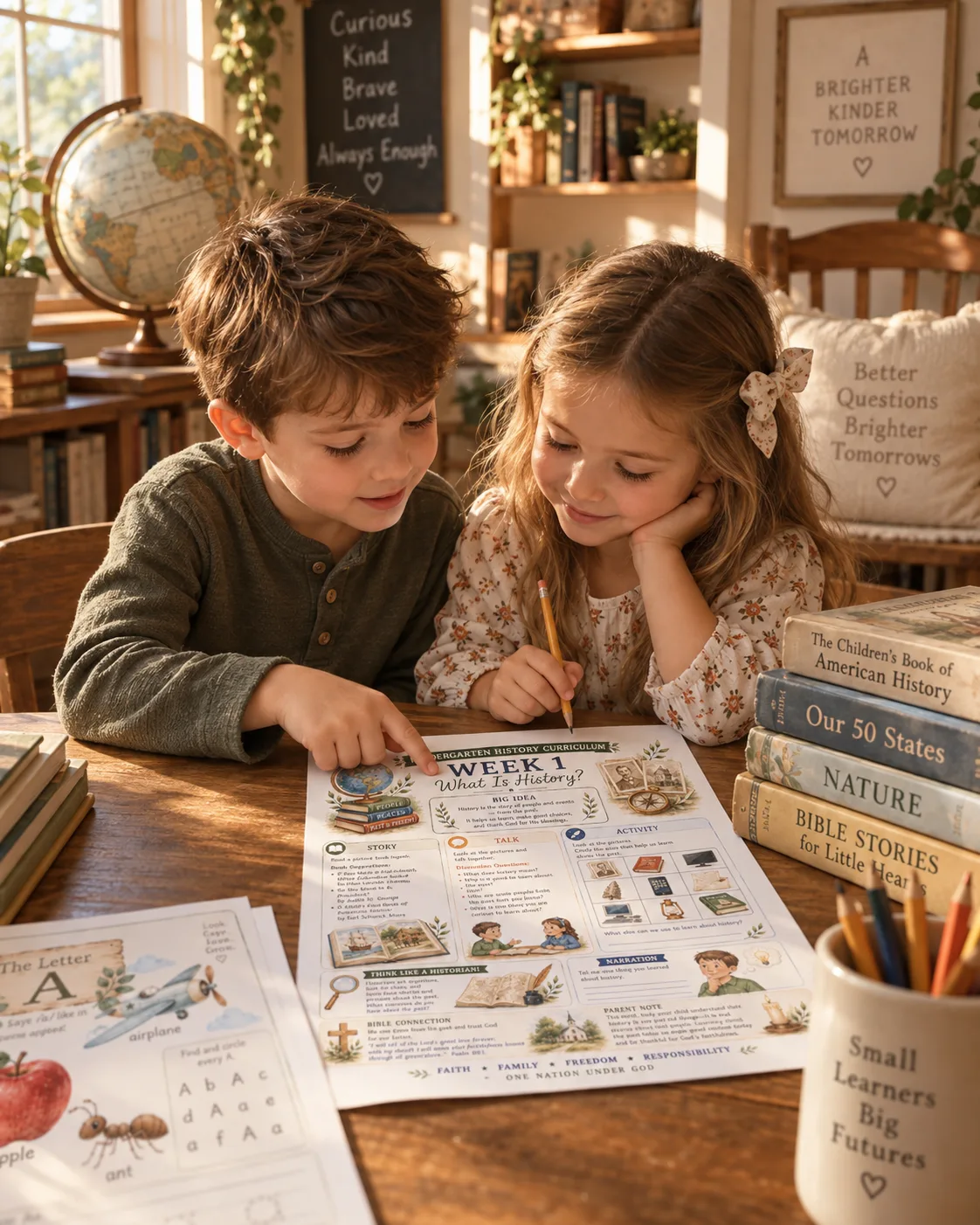 Two boys pointing at a history page