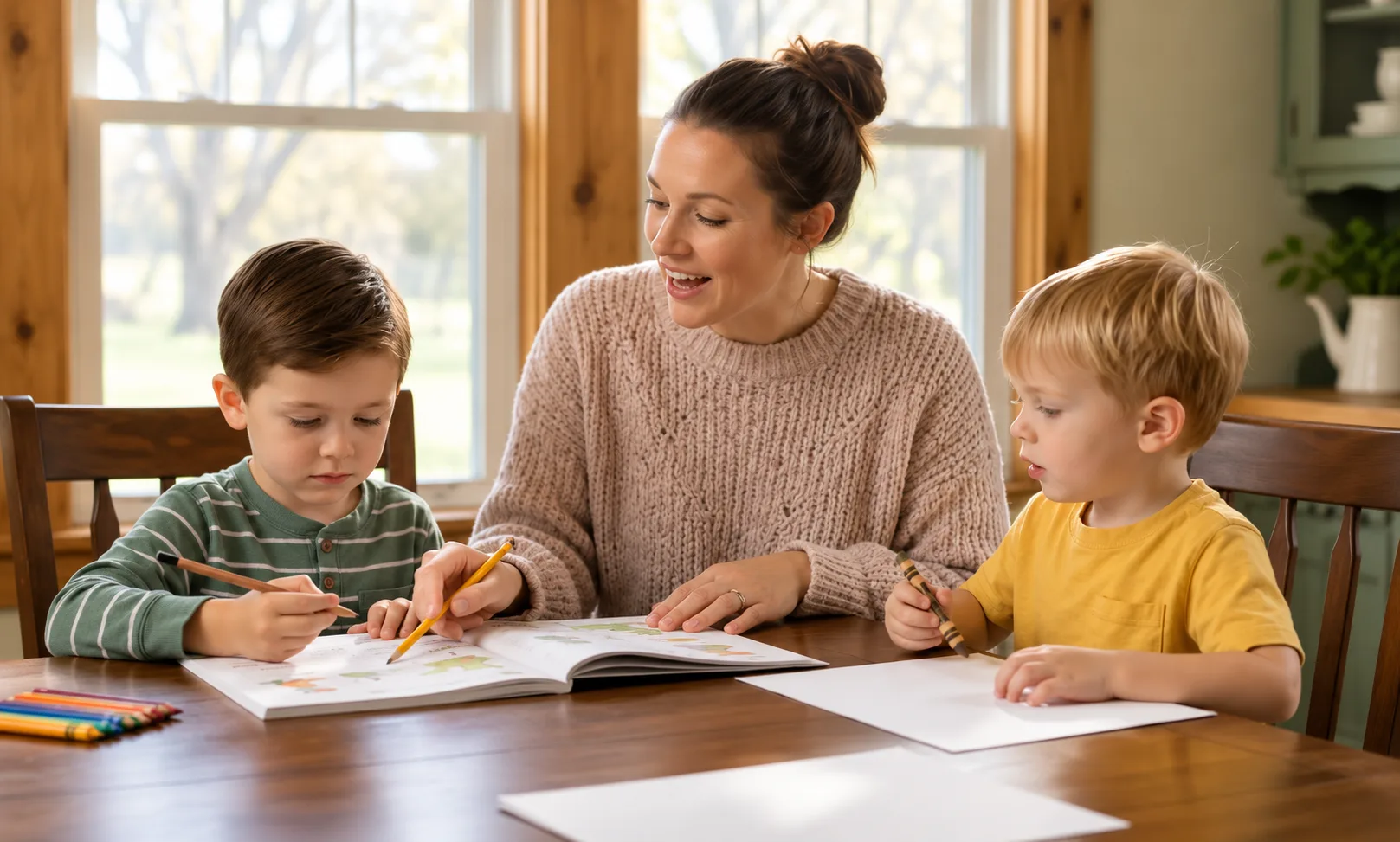 A mama at the table with her two boys