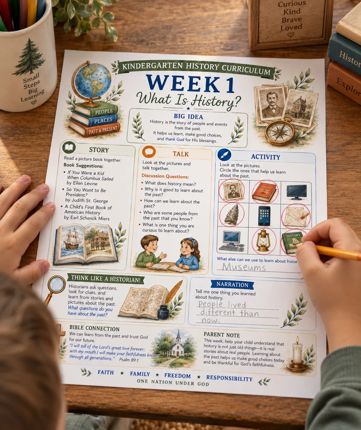 A child working through a history page