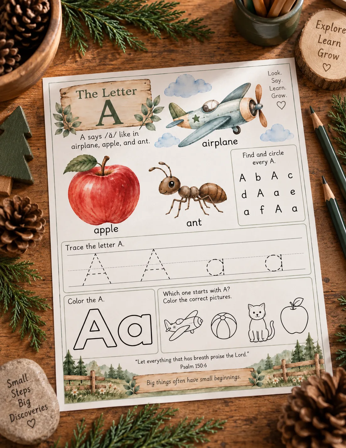 The Letter A worksheet, flat lay