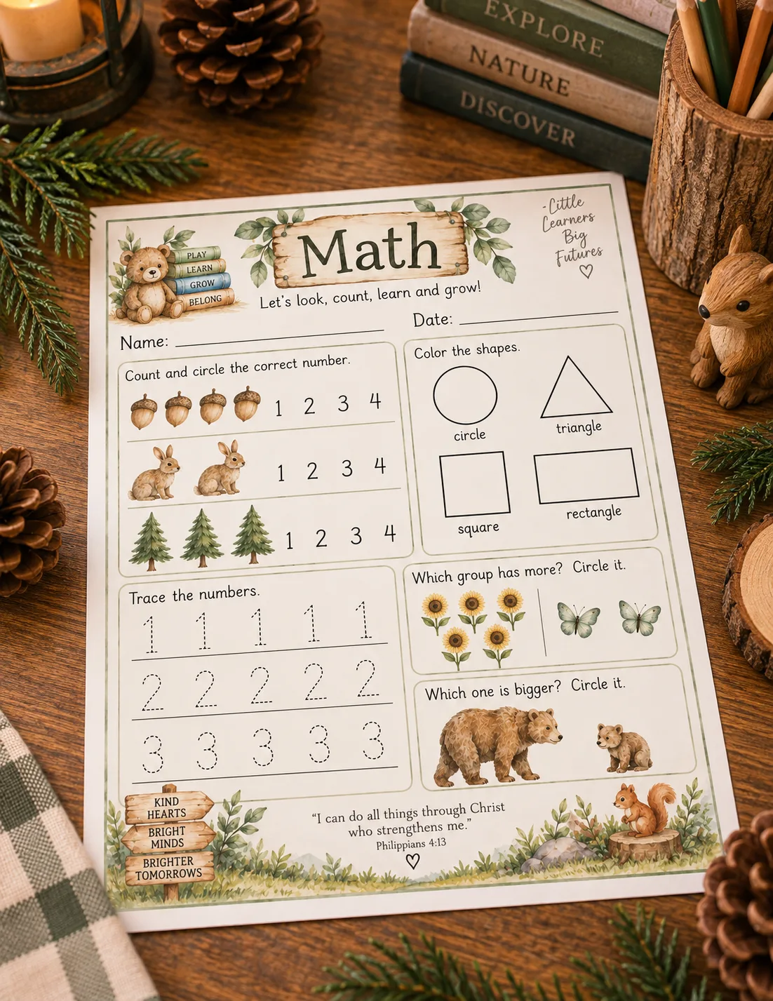 A math worksheet, flat lay